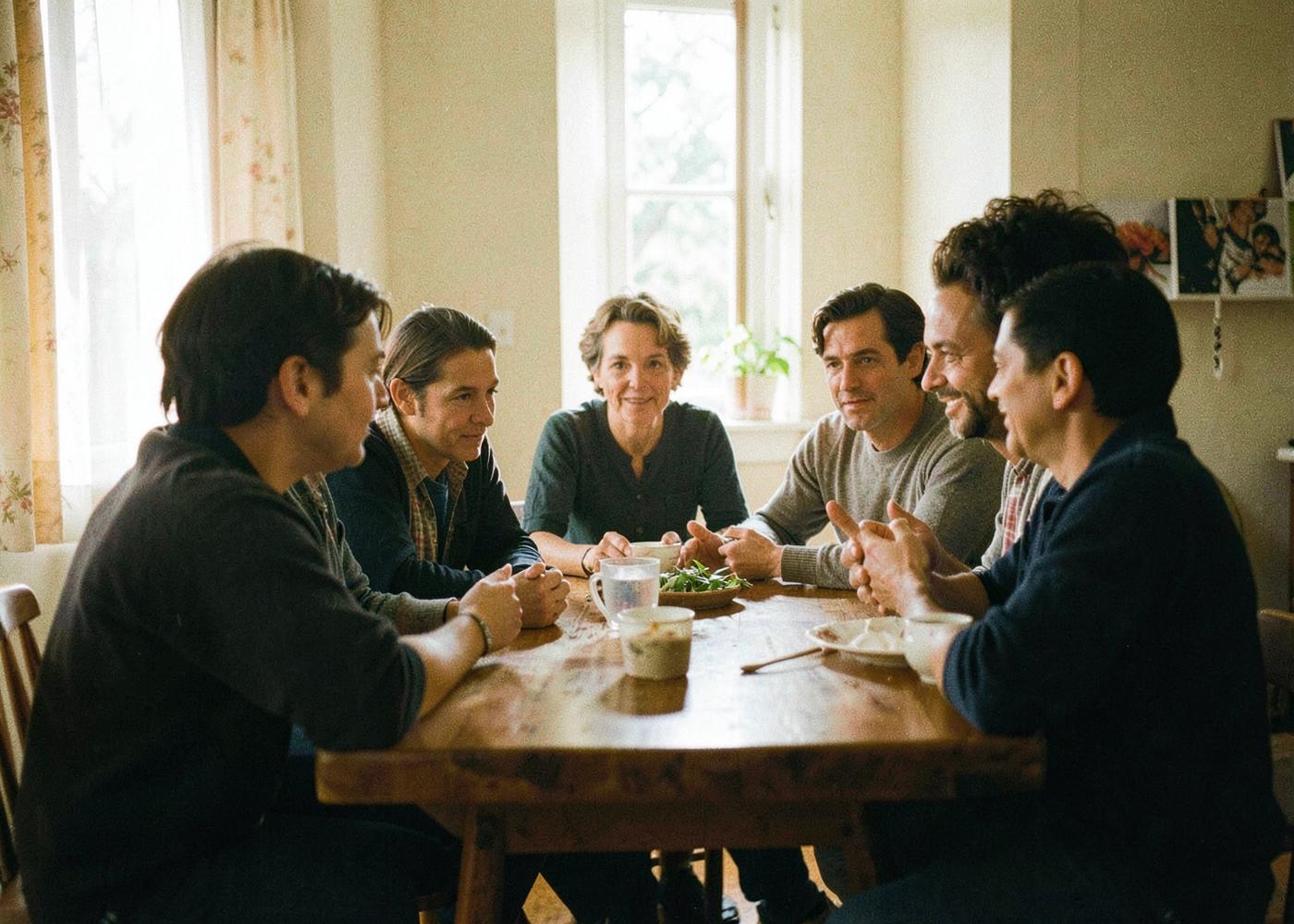 Un petit groupe de personnes en conversation autour d'une table en bois dans une pièce lumineuse